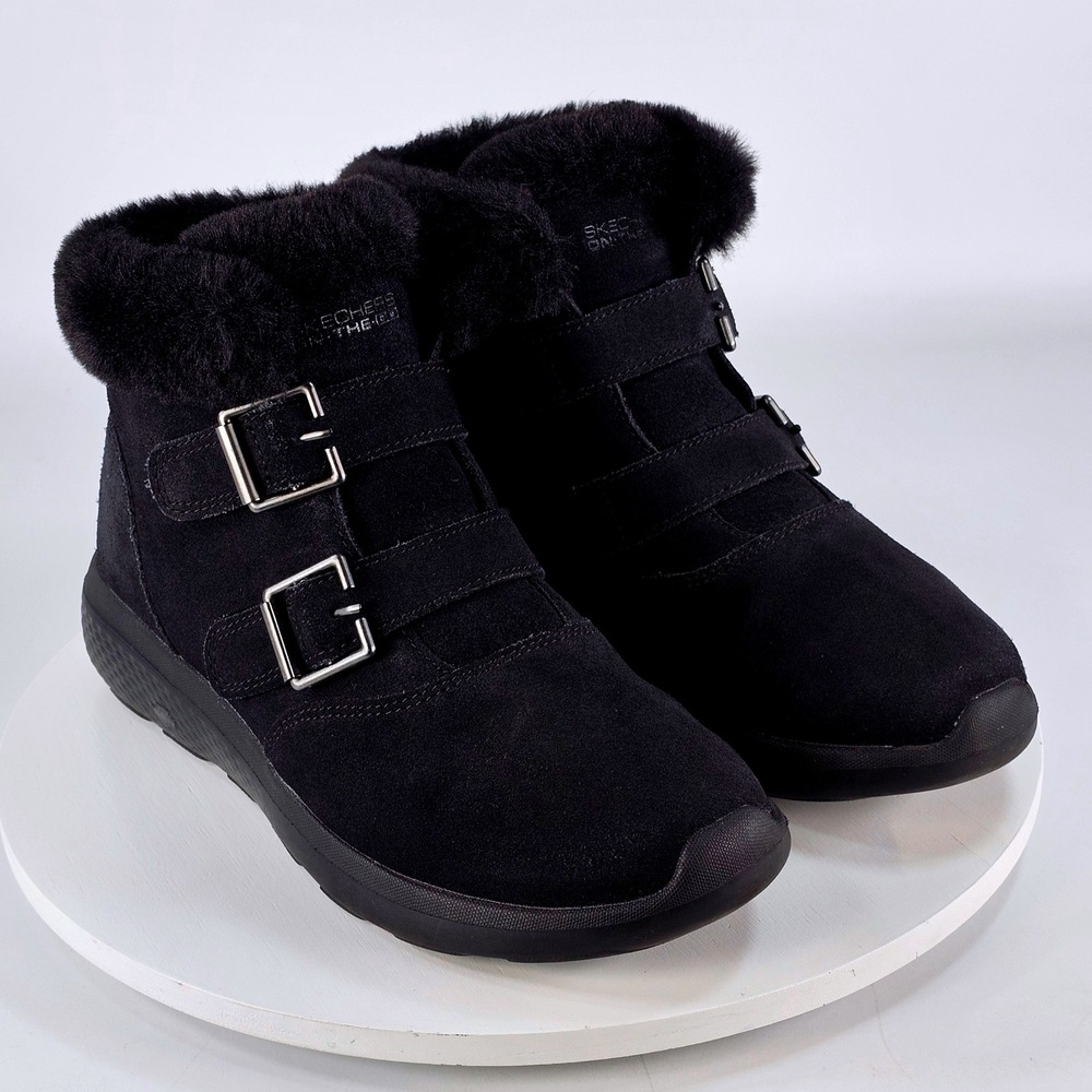 Skechers Gogo Mat Lush Black Suede Faux Fur Buckle Ankle Winter Boots  Sz 7